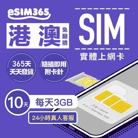 【港澳SIM卡】每日3GB吃到飽 10天 免翻牆