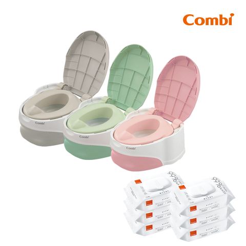 Combi 優質坐式分段訓練便器+純水柔濕巾80抽-3入組