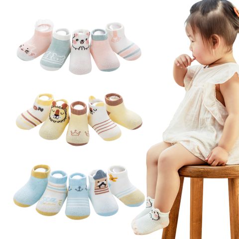【Mesenfants】(5入)兒童襪立體花邊薄棉網眼船襪