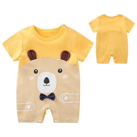 寶寶短袖包屁衣 嬰兒連身衣 新生兒深黃熊造型服