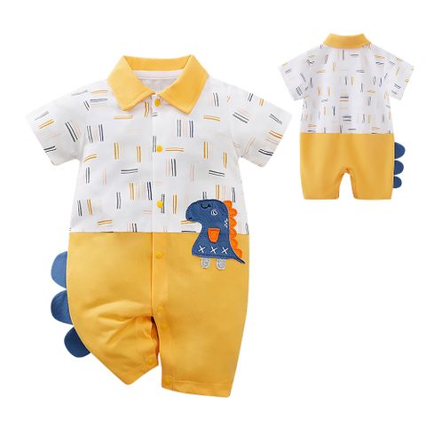 寶寶短袖包屁衣 嬰兒連身衣 新生兒恐龍深黃造型服