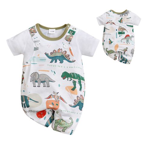 寶寶短袖包屁衣 嬰兒連身衣 新生兒綠底恐龍造型服