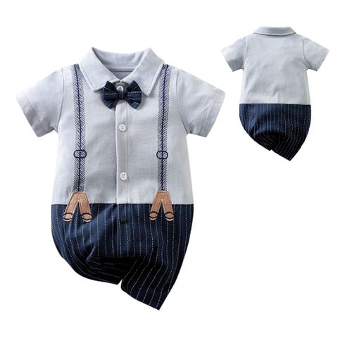 【Mesenfants】短袖連身衣 造型包屁衣 嬰兒服 童裝 灰藍紳士款