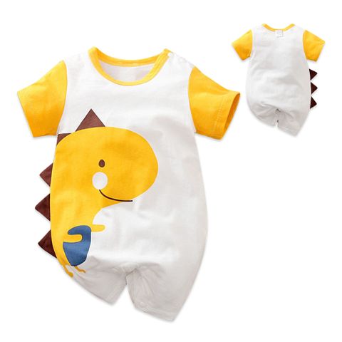 【Mesenfants】寶寶短袖包屁衣 嬰兒連身衣 新生兒黃袖恐龍造型服