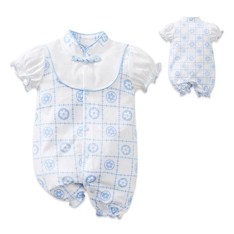 【Mesenfants】寶寶短袖包屁衣 嬰兒連身衣 新生兒淺藍花格造型服