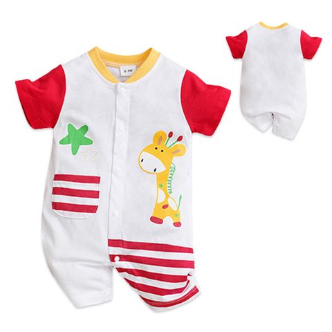 【Mesenfants】寶寶短袖包屁衣 嬰兒連身衣 新生兒白色長頸鹿造型服