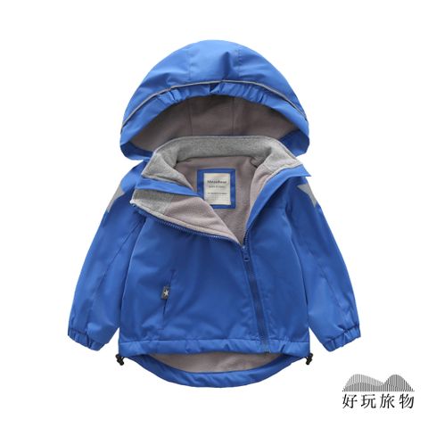【好玩旅物】藍色_兒童輕量雙拉鍊搖粒絨防水保暖禦寒衝鋒外套 兒童外套 (90~140碼)