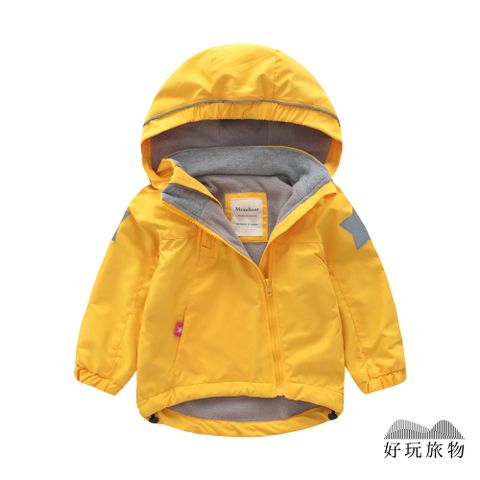 【好玩旅物】黃色_兒童輕量雙拉鍊搖粒絨防水保暖禦寒衝鋒外套 兒童外套 (90~140碼)
