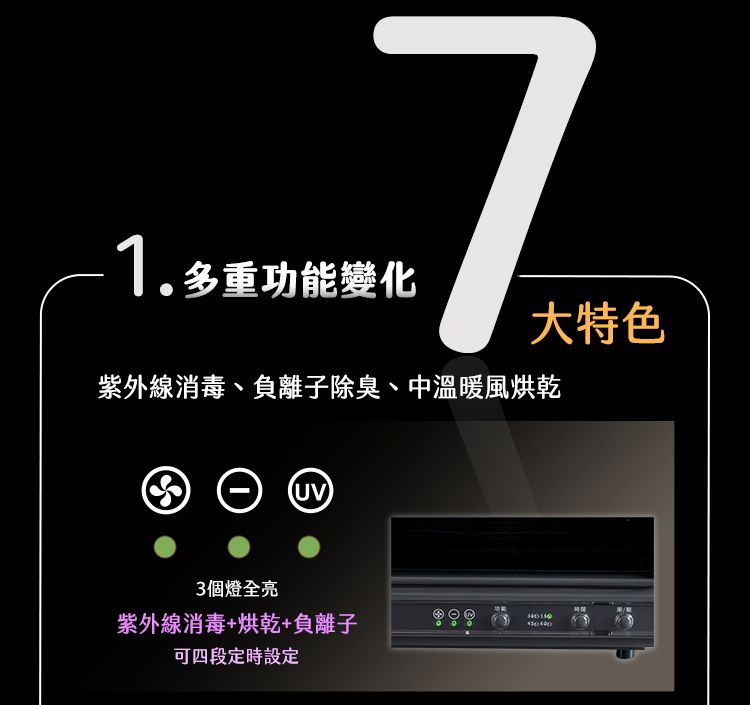 1.多重功能變化7紫外線消毒、負離子除臭、中溫暖風烘乾大特色3個燈全紫外線消毒+烘乾+負離子可四段定時設定