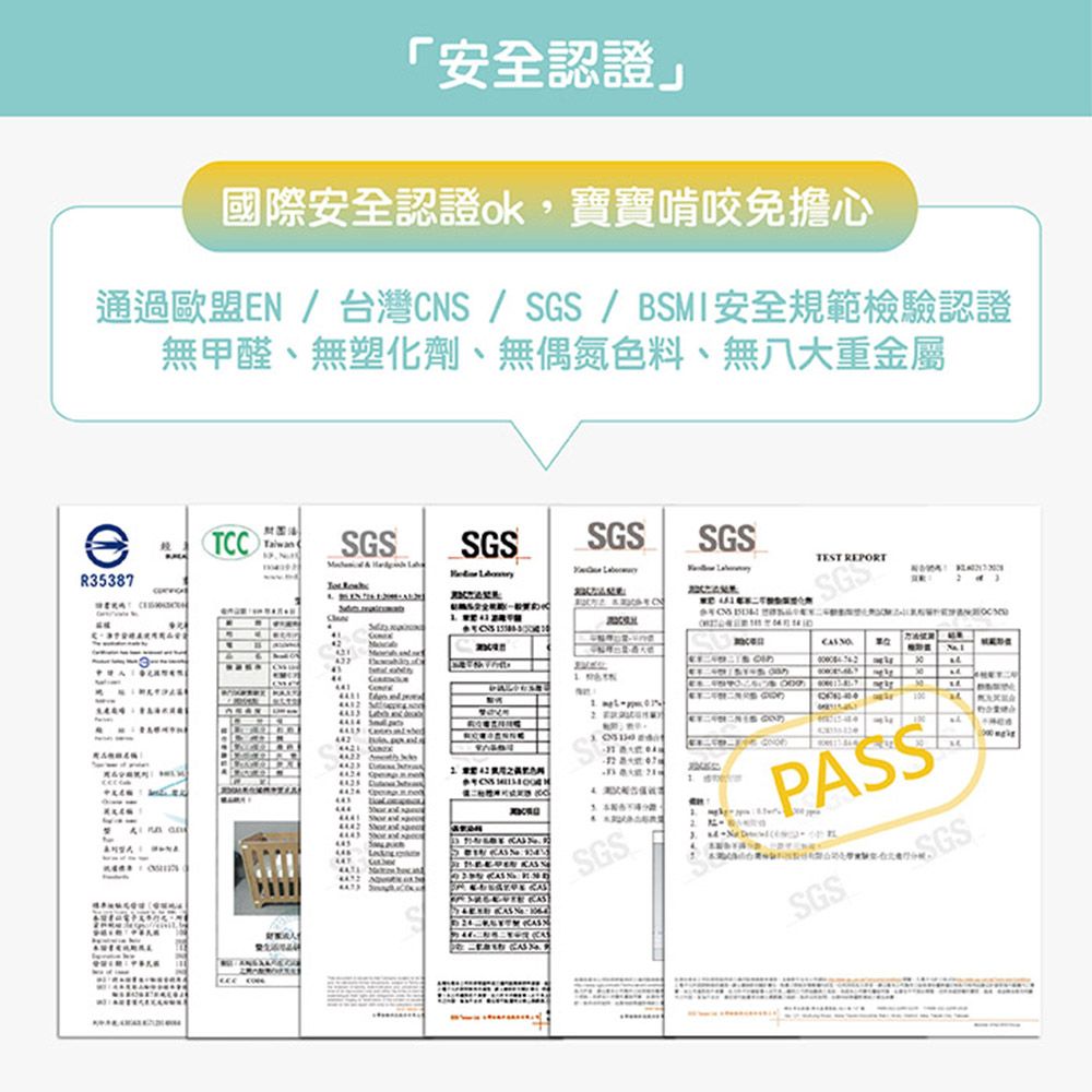 「安全」國際安全認證,啃咬免擔心通過歐盟台灣C/S/BSI安全規範檢驗認證無甲醛、無塑化劑、無偶氮色料、無八大重金屬SGSSGSSGSSGS REPORT    SGR387   / 35       00  EM1 S   N   N   SGS24PASSSGSSGS