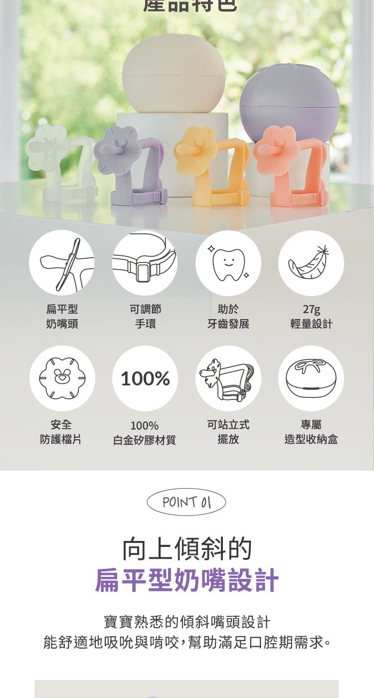 扁平型可調節助於27g奶嘴頭手環牙齒發展輕量設計100%安全100%可站立式防護檔片白金矽膠材質擺放專屬造型收納盒PNT OI向上傾斜的扁平型奶嘴設計寶寶熟悉的傾斜嘴頭設計能舒適地吸吮與啃咬,幫助滿足口腔期需求。