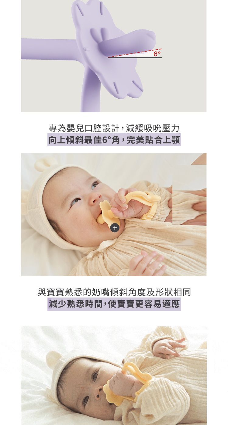 6專為嬰兒口腔設計,減緩吸吮壓力向上傾斜最佳6°角,完美貼合上顎與寶寶熟悉的奶嘴傾斜角度及形狀相同減少熟悉時間,使寶寶更容易適應