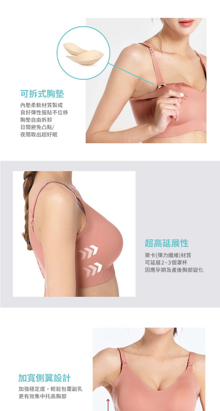 可拆式胸柔軟材質製成良好彈性服貼不位移胸墊自由拆卸日間避免凸點/夜間取出超好眠加寬側翼設計加強穩定度,輕鬆包覆副乳更有效集中托高胸部超高延展性萊卡(彈力纖維)材質可延展2~3個罩杯因應孕期及產後胸部變化