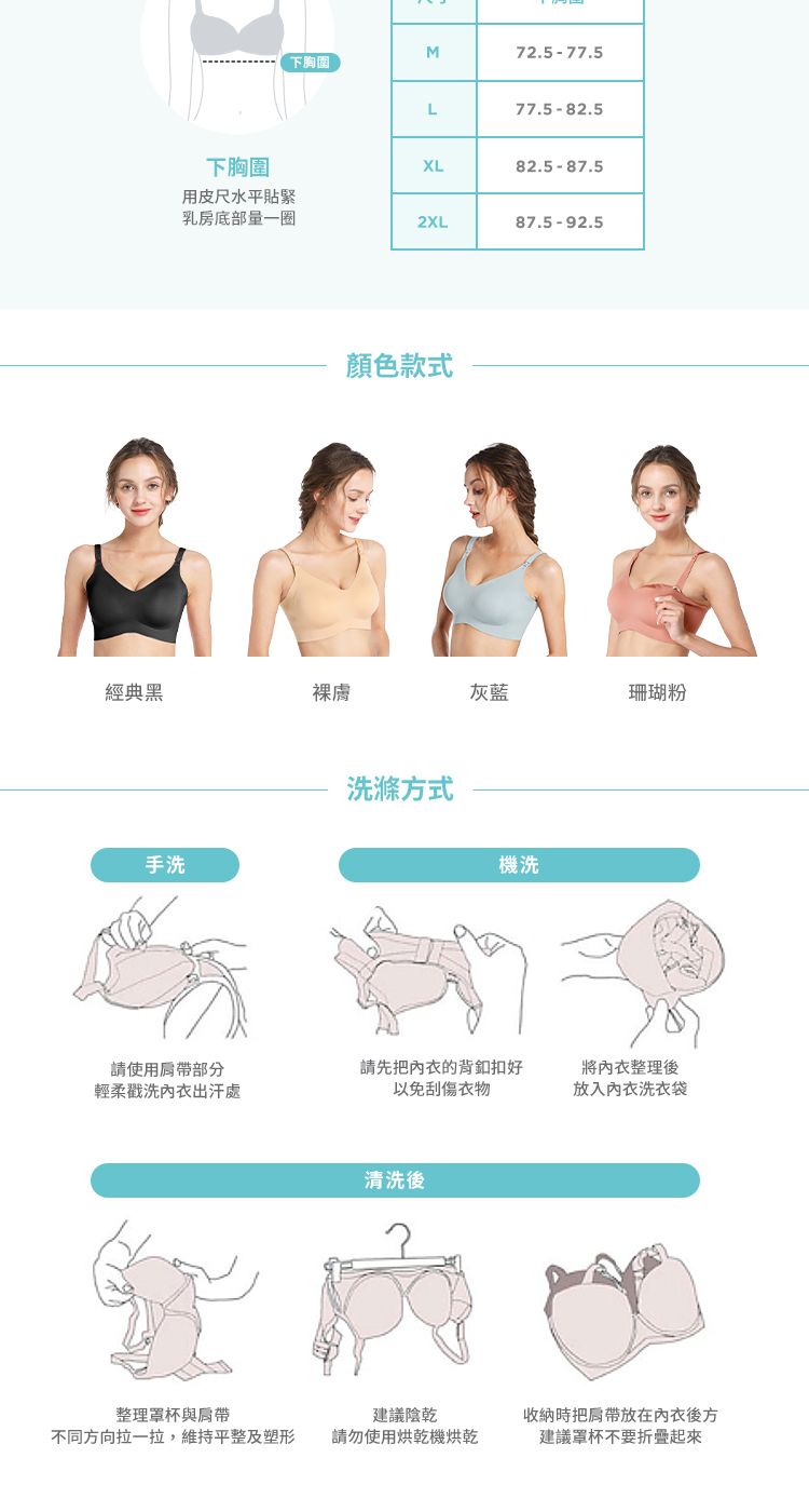 M72.5-77.5下胸圍L77.5-82.5下胸圍XL82.5-87.5用皮尺水平貼緊乳房底部量一圈2XL87.5-92.5顏色款式經典黑裸灰蓝珊瑚粉手洗洗滌方式機洗請使用部分輕柔戳洗出汗處請先把內衣的背好以免刮傷衣物將內衣整理後放入內衣洗衣袋清洗後整理罩杯與不同方向拉一拉,維持平整及塑形建議陰乾收納時把放在內衣後方請勿使用烘乾機烘乾建議罩杯不要