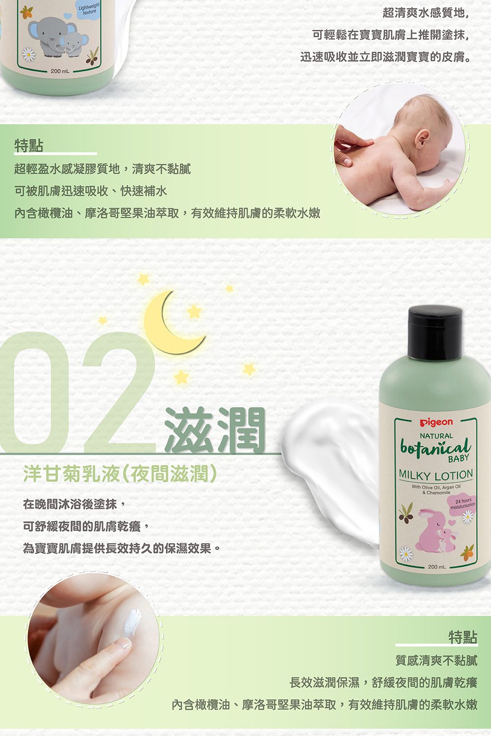 200 mLLightweight超清爽水感質地,可輕鬆在寶寶肌膚上推開塗抹,迅速吸收並立即滋潤寶寶的皮膚。特點超輕盈水感凝膠質地,清爽不黏膩可被肌膚迅速吸收、快速補水內含橄欖油、摩洛哥堅果油萃取,有效維持肌膚的柔軟水嫩 滋潤洋甘菊乳液(夜間滋潤)在晚間沐浴後塗抹,可舒緩夜間的肌膚乾癢,為寶寶肌膚提供長效持久的保濕效果。pigeonNATURALBABYMILKY LOTIONWith Olive , Argan Oil& Chamomile200 mL24 hoursmoisturisation特點質感清爽不黏膩長效滋潤保濕,舒緩夜間的肌膚乾癢內含橄欖油、摩洛哥堅果油萃取,有效維持肌膚的柔軟水嫩