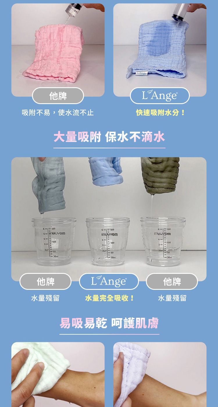 他牌吸附不易,使水流不止LAnge快速吸附水分!大量吸附 保水不滴水他牌LAnge 18030他牌水量殘留水量完全吸收!水量殘留易吸易乾 呵護肌膚