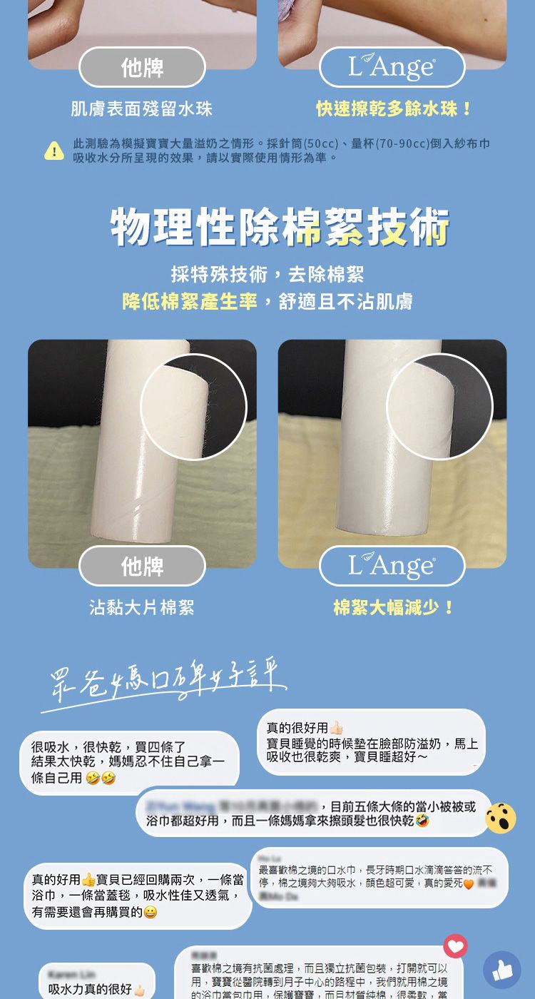 他牌肌膚表面殘留水珠LAnge快速擦乾多餘水珠!此測驗為模擬寶寶大量溢奶之情形。採針筒(50cc)、量杯(70-90cc)倒入紗布吸收水分所呈現的效果請以實際使用情形為準。物理性除棉絮技術採特殊技術,去除棉絮降低棉絮產生率,舒適且不沾肌膚他牌沾黏大片棉絮眾爸媽口碑好評真的很好用LAnge棉絮大幅減少!寶貝睡覺的時候在臉部防溢奶,馬上吸收也很乾爽,寶貝睡超好~很吸水,很快乾,買四條了結果太快乾,媽媽忍不住自己拿一條自己用 ,目前五條大條的當小被被或浴巾都超好用,而且一條媽媽拿來擦頭髮也很快乾真的好用 寶貝已經回購兩次,一條當浴巾,一條當蓋毯,吸水性佳又透氣,有需要還會再購買的吸水力真的很好最喜歡棉之境的口水巾,長牙時期口水滴滴答答的流不停,棉之境夠大夠吸水,顏色超可愛,真的愛死喜歡棉之境有抗菌處理,而且獨立抗菌包裝,打開就可以用,寶寶從醫院轉到月子中心的路程中,我們就用棉之境的浴巾當包巾用,保護寶寶,而且材質純棉,很柔軟,當