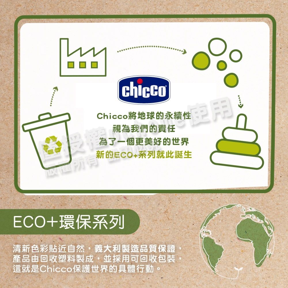 Chicco地球的永續性視為我們的責任為了一個更美好的世界新的ECO+系列就此誕生ECO+環保系列清新色彩貼近自然,義大利製造品質保證產品由回收塑料製成,並採用可回收包裝這就是Chicco保護世界的具體行動。