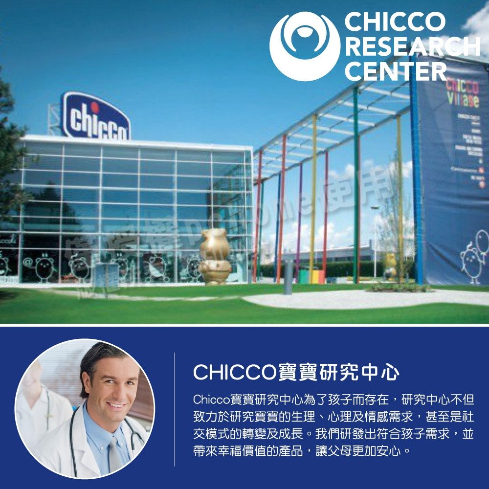 RESEARCHCENTERCHICCO CHICCO寶寶研究中心Chicco寶寶研究中心為了孩子而存在,研究中心不但致力於研究寶寶的生理、心理及情感需求,甚至是社交模式的轉變及成長。我們研發出符合孩子需求,並帶來幸福價值的產品,讓父母更加安心。