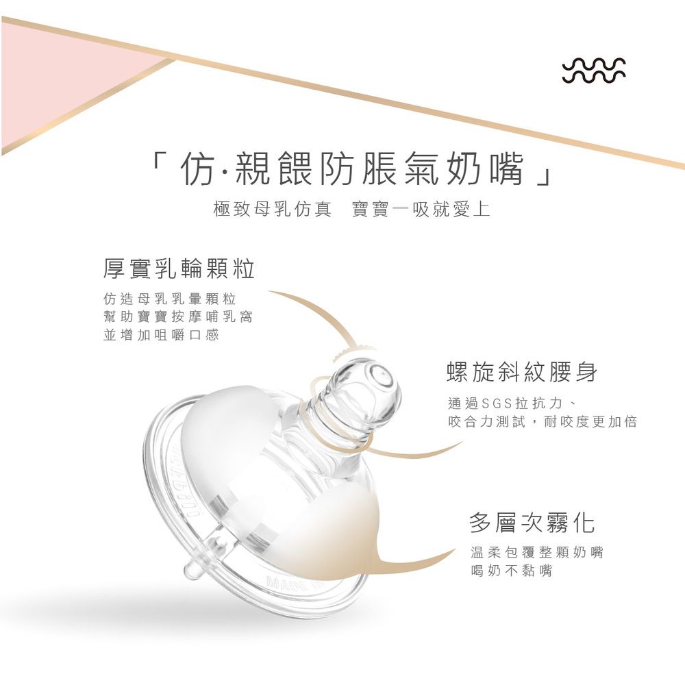 「仿親餵防脹氣奶嘴」極致母乳仿真 寶寶一吸就愛上厚實乳輪顆粒仿造母乳乳暈顆粒幫助寶寶按摩哺乳窩並增加咀嚼口感螺旋斜紋腰身通過SGS拉抗力、咬合力測試,耐咬度更加倍MADE多層次霧化溫柔包覆整顆奶嘴喝奶不黏嘴