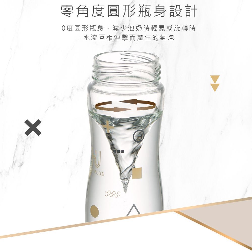 零角度圓形瓶身設計0度圓形瓶身,減少泡奶時輕晃或旋轉時水流互相沖擊而產生的氣泡PLUS