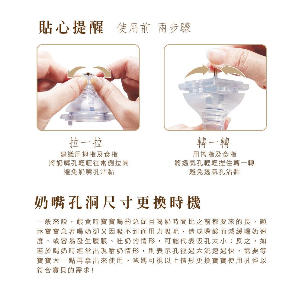 貼心提醒 使用前 兩步驟拉一拉建議用拇指及食指轉一轉將奶嘴孔輕輕往兩側拉開避免奶嘴孔沾黏用拇指及食指將透氣孔輕輕捏住轉一轉避免透氣孔沾黏奶嘴孔洞尺寸更換時機一般來說,餵食時寶寶喝的急促且喝奶時間比之前都要來的長,顯示寶寶急著喝奶卻又因吸不到而用力吸吮,造成嘴酸而減緩喝奶速度,或容易發生腹脹、吐奶的情形,可能代表吸孔太小;反之,如若於喝奶時經常出現嗆奶情形,則表示孔徑過大流速過快,需要等寶寶大一點再拿出來使用。爸媽可視以上情形更換寶寶使用孔徑以符合寶貝的需求!