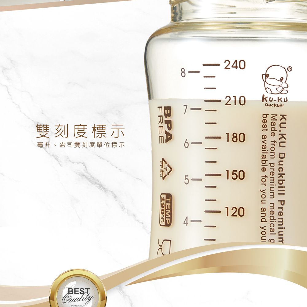 雙刻度標示毫升、盎司雙刻度單位標示7240BPAFREETEMP190CBESTQuality210Duckbill180KU.KU Duckbill PremiumMade from premium medical gbest available for you and you150120