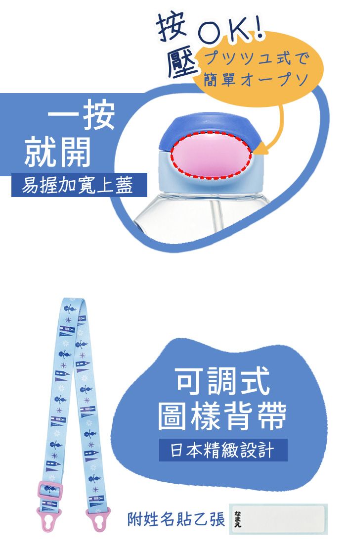 按OK!壓式で簡單一按就開易握加寬上蓋       可調式圖樣背帶日本精緻設計附姓名貼乙張