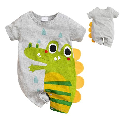 【Mesenfants】寶寶短袖包屁衣 嬰兒連身衣 新生兒灰底鱷魚造型服
