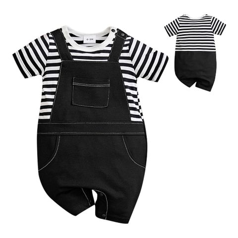 【Mesenfants】寶寶短袖包屁衣 嬰兒連身衣 新生兒黑白條紋造型服