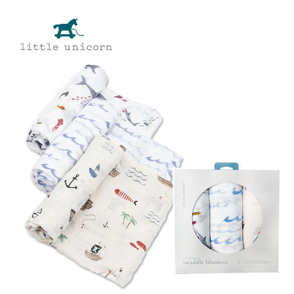 Little Unicorn 美國  純棉紗布巾三入組 鯊魚家族2.0