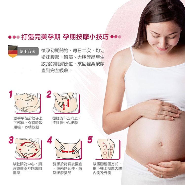 打造完美孕期 孕期按摩小技巧 使用方法 懷孕初期開始每日二次,均匀塗抹腹部、臀部、大腿等易產生紋路的肌膚部位,來回輕柔按摩直到完全吸收。23雙手平貼於肚子上下部位,保持呼吸順暢,心情放鬆從肚皮下方向上,往中心按摩5以肚臍為中心,順時鐘畫圈方向來回按摩雙手於背脊處,往兩側延伸,來回按摩腰部以畫圓繞圈方式,由下往上按摩大腿內側及外側