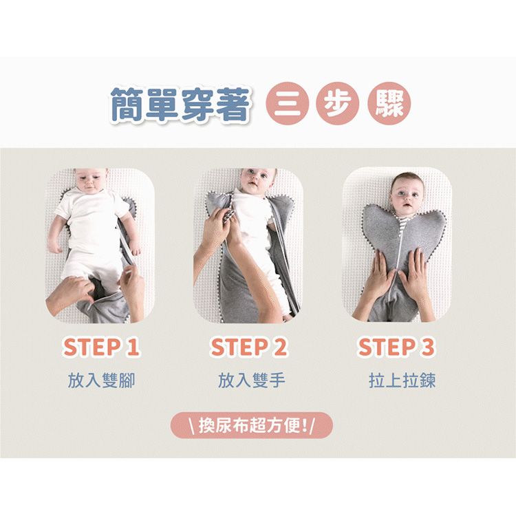 簡單穿著 步驟STEP 1STEP 2STEP 3放入雙腳放入雙手拉上拉鍊\換尿布超方便!/