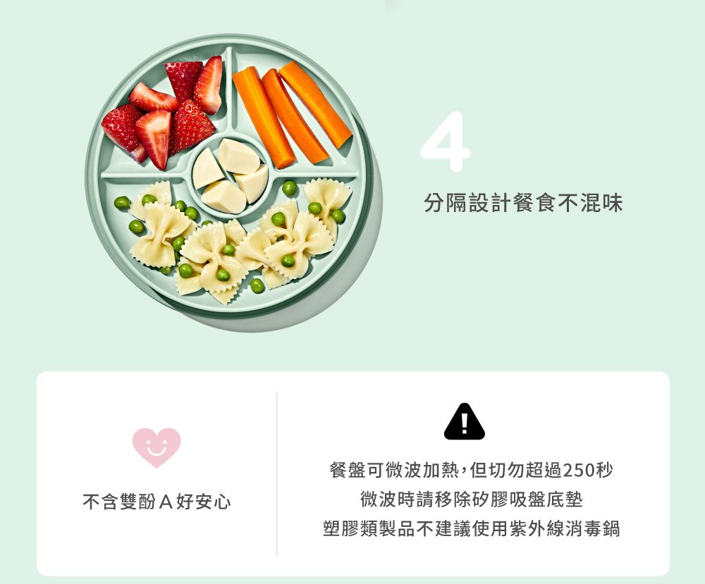 不含雙酚A好安心4分隔設計餐食不混味餐盤可微波加熱,但切勿超過250秒微波時請移除矽膠吸盤底墊塑膠類製品不建議使用紫外線消毒鍋