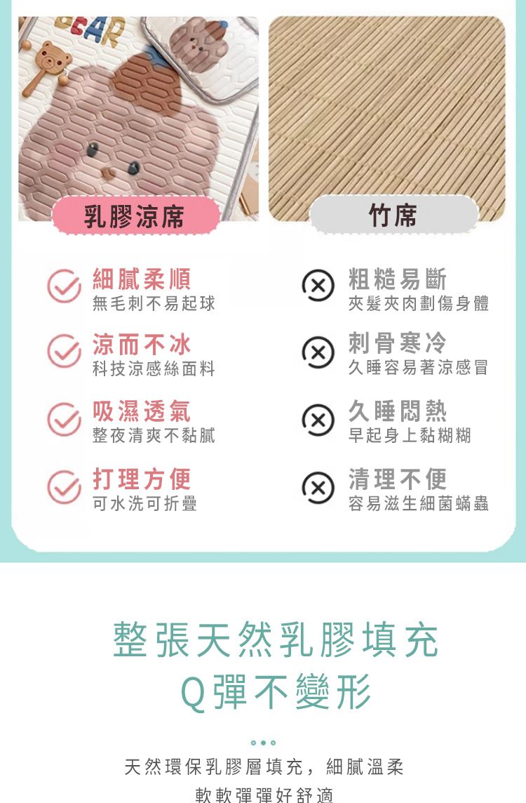 乳膠涼席細膩柔順竹席 粗糙易斷無毛刺不易起球夾髮夾肉劃傷身體涼而不冰刺骨寒冷科技涼感絲面料睡容易著涼感冒吸濕透氣久睡整夜清爽不黏膩早起身上黏糊糊打理方便x 清理不便可水洗可折疊容易滋生細菌蟎蟲整張天然乳膠填充Q彈不變形天然環保乳膠層填充,細膩溫柔軟軟彈彈好舒適