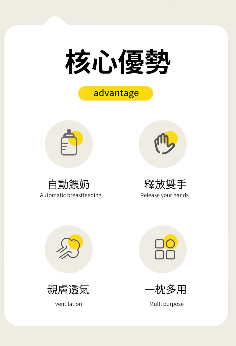 核心優勢advantage自動餵奶釋放雙手Automatic breastfeedingRelease your hands親膚透氣一枕多用ventilationMulti purpose