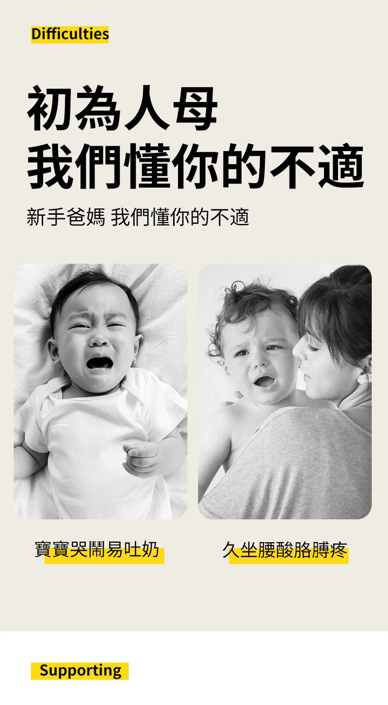 Difficulties初為人母我們懂你的不適新手爸媽 我們懂你的不適寶寶哭鬧易吐奶久坐腰酸胳膊疼Supporting