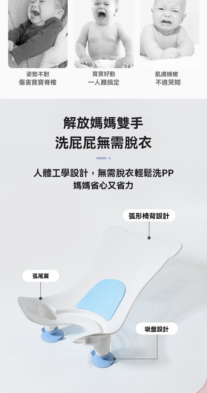 姿勢不對寶寶好動肌膚嬌嫩傷害寶寶脊椎一人難搞定不適哭鬧解放媽媽雙手洗屁屁無需脫衣人體工學設計,無需脫衣輕鬆洗PP媽媽省心又省力弧尾翼弧形椅背設計吸盤設計