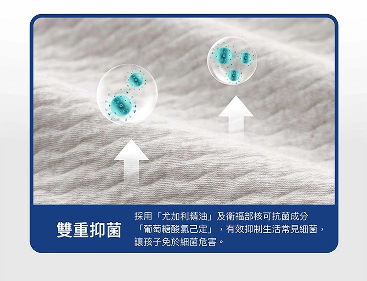採用「尤加利精油」及衛福部核可抗菌成分雙重抑菌「葡萄糖酸氯己定」,有效抑制生活常見細菌,讓孩子免於細菌危害。