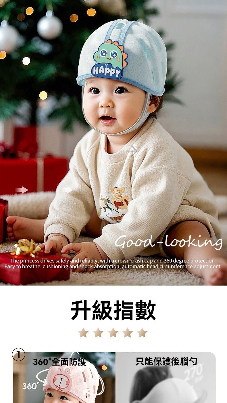 HAPPYGood-lookingThe princess drives safely and reliably, with a crown crash cap and 360 degree protectionEasy to breathe, cushioning and shock absorption, automatic head circumference adjustment升級指數360全面防護只能保護後腦勺360°270