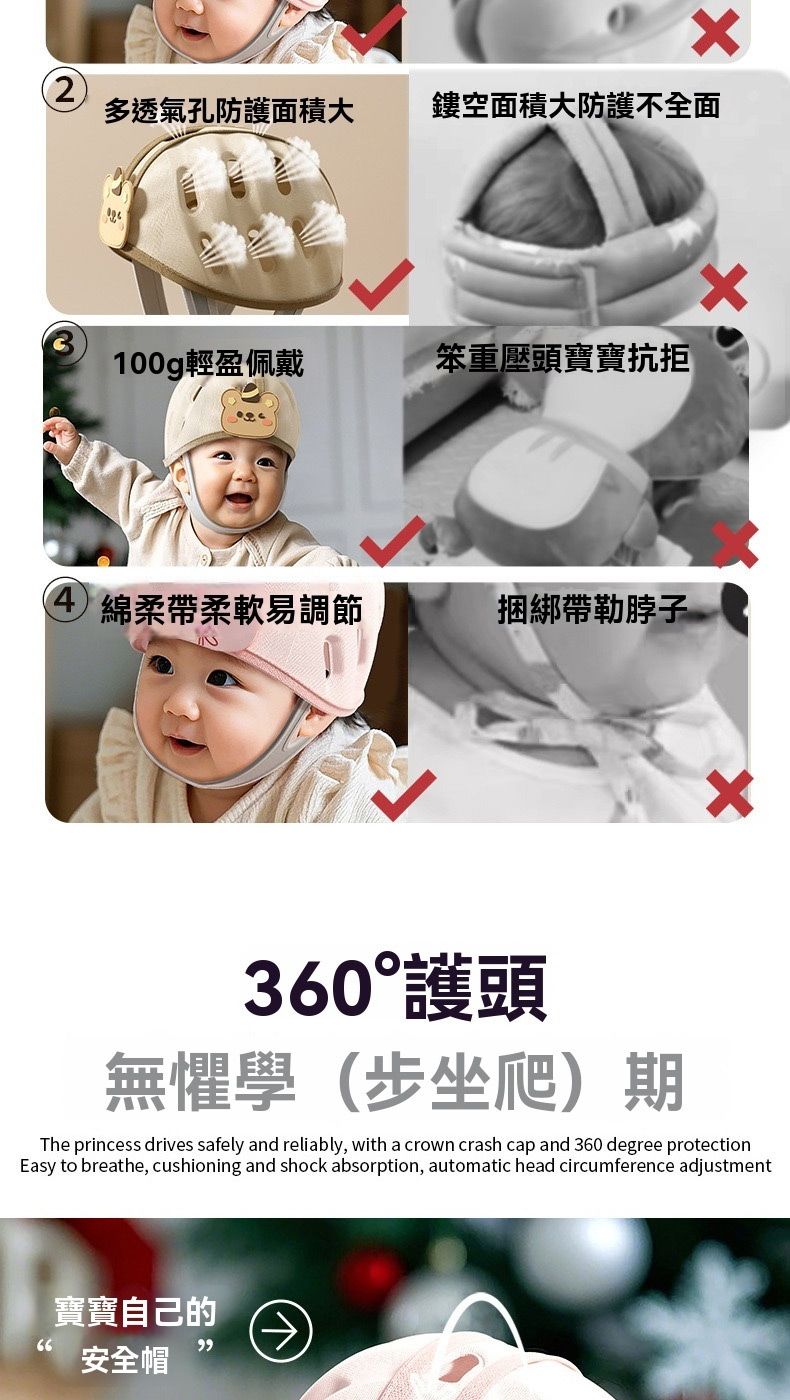 2多透氣孔防護面積大鏤空面積大防護不全面100g輕盈佩戴笨重壓頭寶寶抗拒 綿柔帶柔軟易調節捆綁帶勒脖子360°護頭無懼學(步坐爬)期The princess drives safely and reliably, with a crown crash cap and 360 degree protectionEasy to breathe, cushioning and shock absorption, automatic head circumference adjustment寶寶自己的安全帽