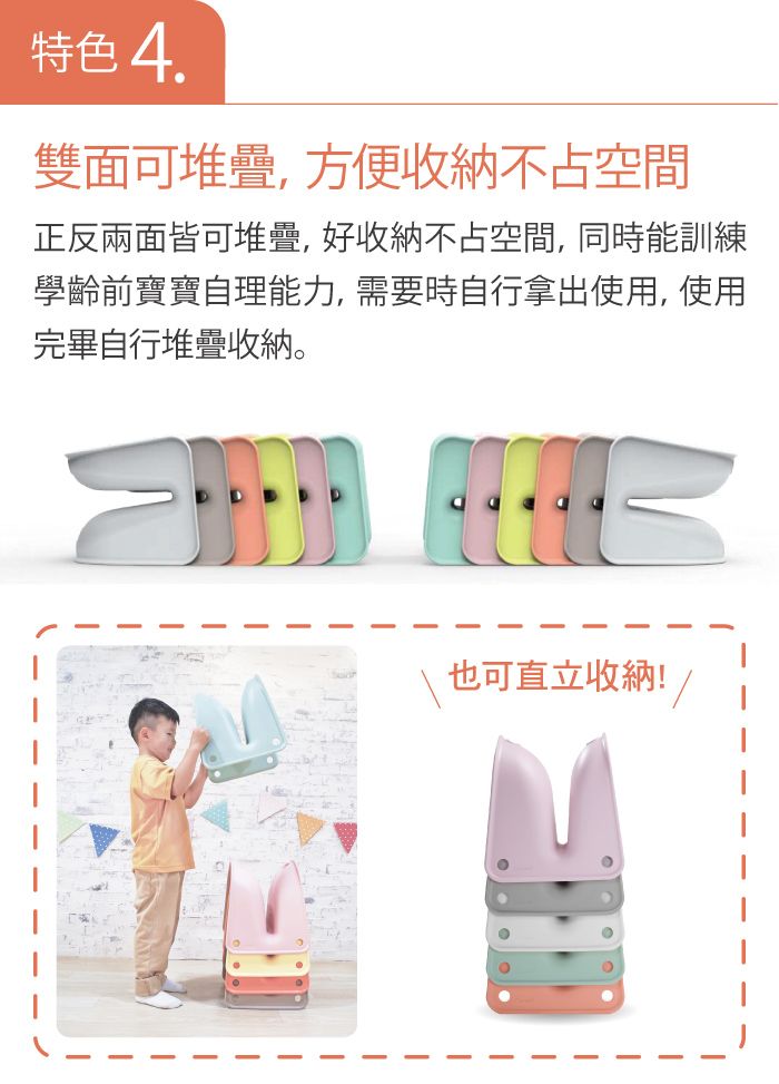 特色4.雙面可堆疊,方便收納不占空間正反兩面皆可堆疊,好收納不占空間,同時能訓練學齡前寶寶自理能力,需要時自行拿出使用,使用完畢自行堆疊收納。也可直立收納!