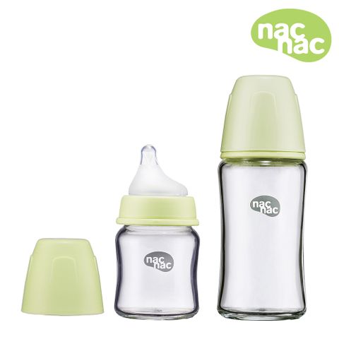 Nac Nac 妍心35%晶透防脹氣玻璃寬口奶瓶組(茉莉綠/120ml+240ml)