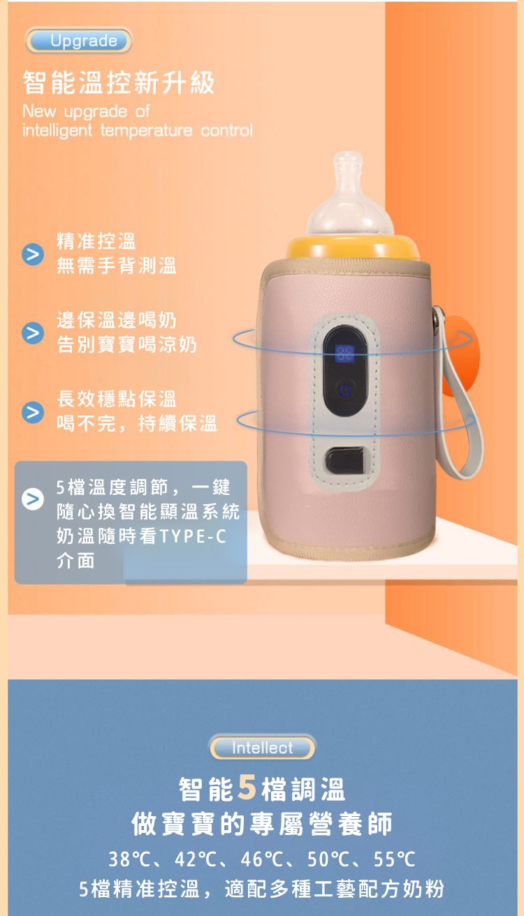 Upgrade智能溫控新升級New upgrade ofintelligent temperature control精准控溫無需手背測溫邊保溫邊喝奶告別寶寶喝涼奶長效穩點保溫喝不完,持續保溫5檔溫度調節,一鍵隨心換智能顯溫系統奶溫隨時看TYPE-介面Intellect智能5檔調溫做寶寶的專屬營養師38 42 46 50 55C5檔精准控溫,適配多種工藝配方奶粉