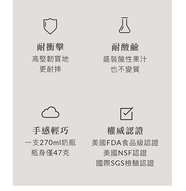 耐衝擊耐酸鹼高堅韌質地更耐摔盛裝酸性果汁也不變質手感輕巧權威認證一支270ml奶瓶瓶身僅47克美國FDA食品級認證美國NSF認證國際SGS檢驗認證