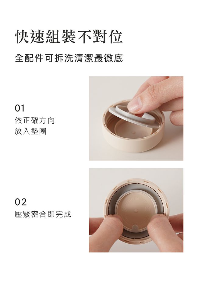 快速組裝不對位全配件可拆洗清潔最徹底01依正確方向放入墊圈02壓緊密合即完成