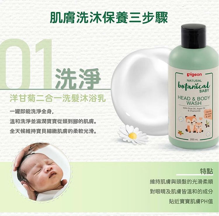 肌膚洗沐保養三步驟01洗淨洋甘菊二合一洗髮沐浴乳一罐即能洗淨全身溫和洗淨並滋潤寶寶從頭到腳的肌膚。全天候維持寶貝細緻肌膚的柔軟光滑。pigeNATURALBABYHEAD  BODYWASHWith Olive ,  Ol& on & 200mL特點維持肌膚與頭髮的光滑柔順對眼睛及肌膚皆溫和的成分貼近寶寶肌膚PH值