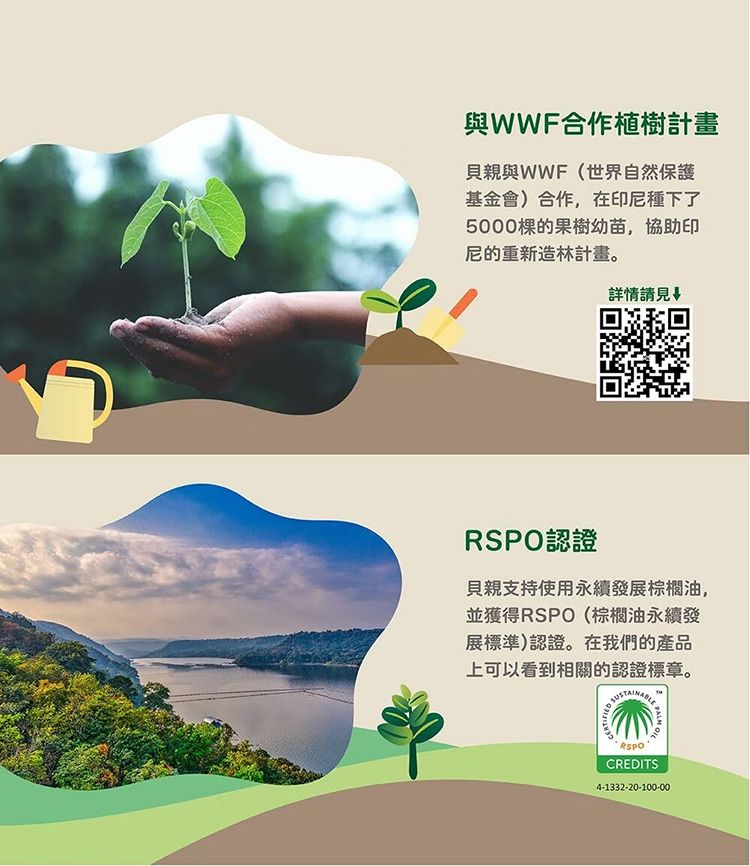 WWF合作植樹計畫貝親與WWF(世界自然保護基金會)合作,在印尼種下了5000的幼苗,協助印尼的重新造林計畫。詳情請見RSP認證貝親支持使用永續發展棕櫚油,並獲得(棕櫚油永續發展標準)認證。在我們的產品上可以看到相關的認證標章。CERTIFIEDPALM ORSPOCREDITS4-1332-20-100-00