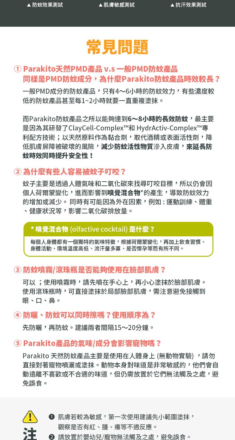 防蚊效果測試肌膚敏感測試抗汗效果測試常見問題① Parakito天然PMD產品 v.s 一般PMD防蚊產品同樣是PMD防蚊成分,為什麼Parakito防蚊產品時效較長?一般PMD成分的防蚊產品,只有4~6小時的防蚊效力,有些濃度較低的防蚊產品甚至每1~2小時就要一直重複塗抹。而Parakito防蚊產品之所以能夠達到6~8小時的長效防蚊,最主要是因為其研發了ClayCell-Complex和 HydrActiv-Complex™專利配方技術;以天然原料作為黏合劑,取代酒精或表面活性劑,降低肌膚屏障被破壞的風險,減少防蚊活性物質滲入皮膚,來延長防蚊時效同時提升安全性!②為什麼有些人容易被蚊子叮咬?蚊子主要是透過人體氣味和二氧化碳來找尋叮咬目標,所以仍會因個人荷爾蒙變化,進而影響到嗅覺混合物*的產生,導致防蚊效力的增加或減少。同時有可能因為外在因素,例如:運動訓練、體重、健康狀況等,影響二氧化碳排放量。*嗅覺混合物(olfactive cocktail)是什麼?每個人身體都有一個獨特的氣味特徵,根據荷爾蒙變化,再加上飲食習慣、身體活動、環境溫度高低、流汗量多寡、是否懷孕等而有所不同。③ 防蚊噴霧滾珠瓶是否能夠使用在臉部肌膚?可以;使用噴霧時,請先噴在手心上,再小心塗抹於臉部肌膚。使用滾珠瓶時,可直接塗抹於局部臉部肌膚,需注意避免接觸到眼、口、鼻。④防曬、防蚊可以同時擦嗎?使用順序為?先防曬,再防蚊。建議兩者間隔15~20分鐘。⑤ Parakito產品的氣味/成分會影響寵物嗎?Parakito 天然防蚊產品主要是使用在人體身上(無動物實驗),請勿直接對著寵物噴灑或塗抹。動物本身對味道是非常敏感的,他們會自動遠離不喜歡或不合適的味道,但仍需放置於它們無法觸及之處,避免誤食。 肌膚若較為敏感,第一次使用建議先小範圍塗抹,觀察是否有紅、腫、等不適反應。請放置於嬰幼兒/寵物無法觸及之處,避免誤食。