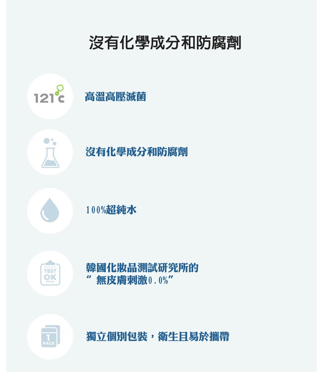 沒有化學成分和防腐劑121高溫高壓滅菌沒有化學成分和防腐劑100%超純水TEST韓國化妝品測試研究所的OK無皮膚刺激0.0%獨立個別包裝,衛生且易於攜帶PACK